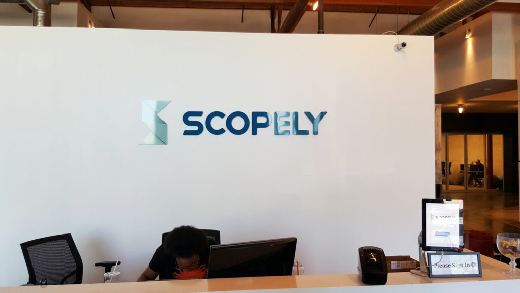 SHARED OFFICE SPACE - SCOPELY - CORPORATE IDENTITY - DIMENSIONAL LETTERS - RECEPTION AREA SIGN - LOBBY SIGN - FRONT DESK SIGN - ACRYLIC - VINYL - INTERIOR SIGN