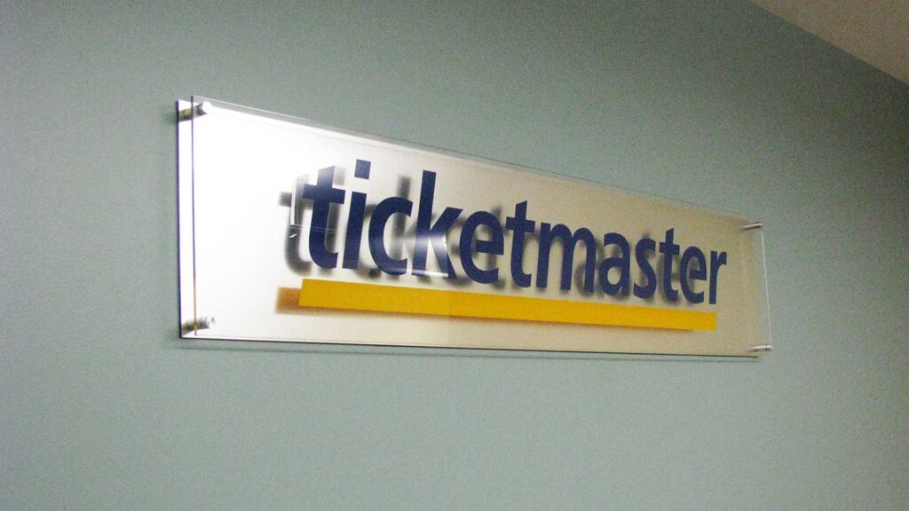 SHOW TICKETING COMPANY - TICKETMASTER - CORPORATE IDENTITY - RECEPTION AREA SIGN - LOBBY SIGN - ACRYLIC - INTERIOR SIGN - VINYL - STAINLESS STEEL STAND-OFFS