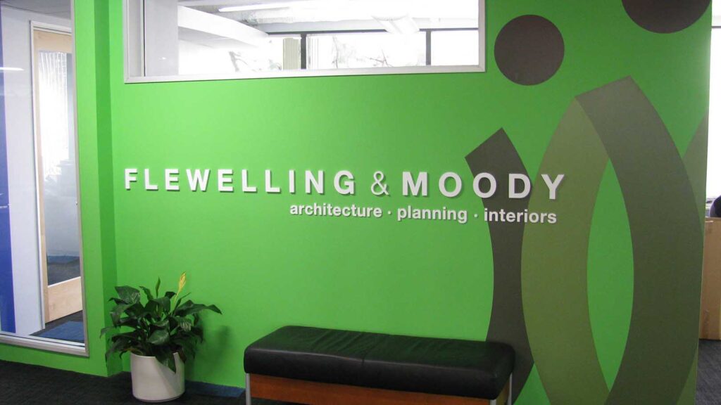 ARCHITECTURAL COMPANY - FLEWELLING & MOODY- CORPORATE IDENTITY - DIMENSIONAL LETTERS - RECEPTION AREA SIGN - LOBBY SIGN - ACRYLIC - INTERIOR SIGN