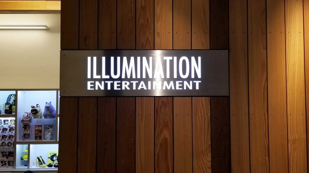 PRODUCTION COMPANY- ILLUMINATION ENTERTAINMENT - CORPORATE IDENTITY - ILLUMINATED SIGN - RECEPTION AREA SIGN - LOBBY SIGN - ACRYLIC - INTERIOR SIGN - BRUSHED ALUMINUM - ROUTED OUT LETTERS
