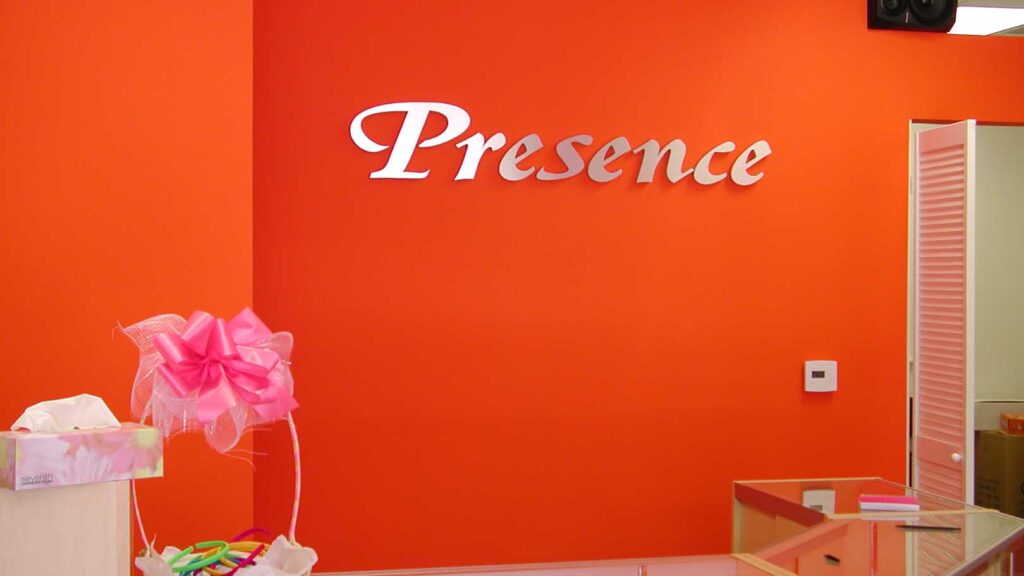 NAIL SALON - PRESENCE - CORPORATE IDENTITY - RECEPTION AREA SIGN - LOBBY SIGN - PVC LETTERS - VINYL - INTERIOR SIGN - BRUSHED ALUMINUM