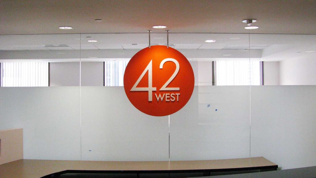CORPORATE OFFICE BUILDING - 42 WEST - CORPORATE IDENTITY - RECEPTION AREA SIGN - LOBBY SIGN - INTERIOR SIGN - ACRYLIC