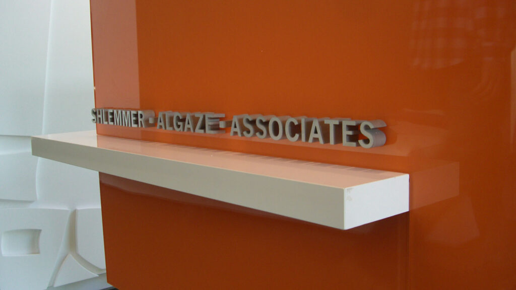 LEGAL FIRM - SHLEMMER ALGAZE ASSOCIATES - CORPORATE IDENTITY - DIMENSIONAL LETTERS - RECEPTION AREA SIGN - LOBBY SIGN - BRUSHED ALUMINUM - INTERIOR SIGN