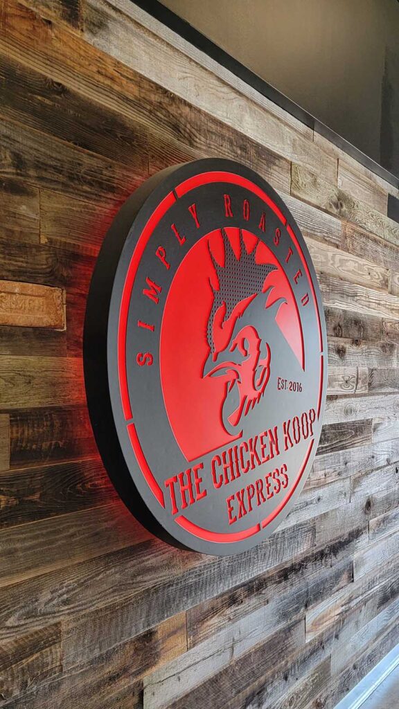 Restaurant- The Chicken Koop - Custom Sign - Aluminum - Vinyl - Custom Design - Custom Shaped Sign - CNC Routed Sign - LED Illuminated - Round Sign