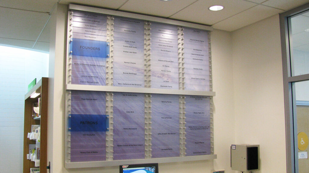 Library - Malibu Library Donor Wall - Custom Sign - Aluminum - Acrylic - Custom Design - Stainless Stee Stand Offs - Interior Sign