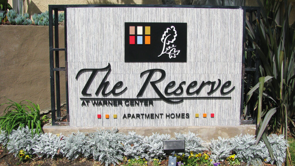 Apartment Complex - The Reserve Apartments - Monument Sign - Aluminum- Paint - Free Standing Sign - Dimensional Acrylic Letters - Tile Background