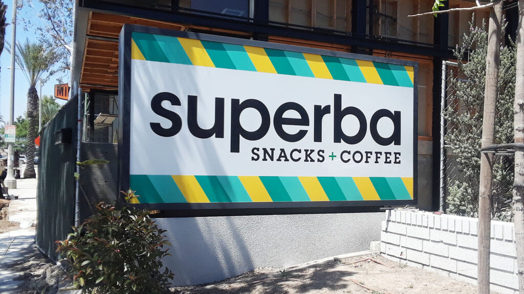 Restaurant - Superba Snacks & Coffee - Monument Sign - Aluminum- Acrylic - LED - Free Standing Sign - Internally Illuminated Sign Cabinet - Concrete Base