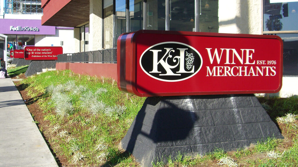 Retail Store - K&L Wine Merchants - Monument Sign - Aluminum- Acrylic - LED - Free Standing Sign - Internally Illuminated Sign Cabinet - Concrete Base
