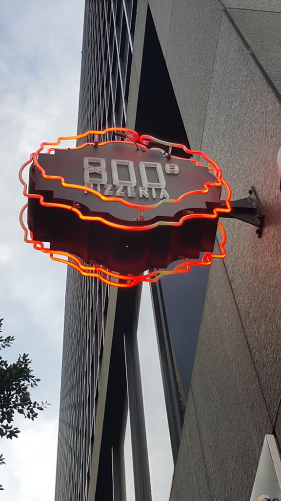 Restaurant - 800 Degree Pizzeria - Neon Sign - Exterior Sign - Building Sign - Blade Sign with Neon - Aluminum - Paint