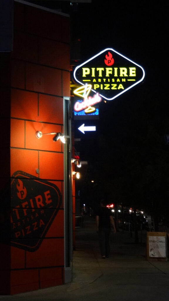 Restaurant - Pitfire Pizza - Neon Sign - Exterior Sign - Building Sign - Blade Sign with Neon - Aluminum - Paint